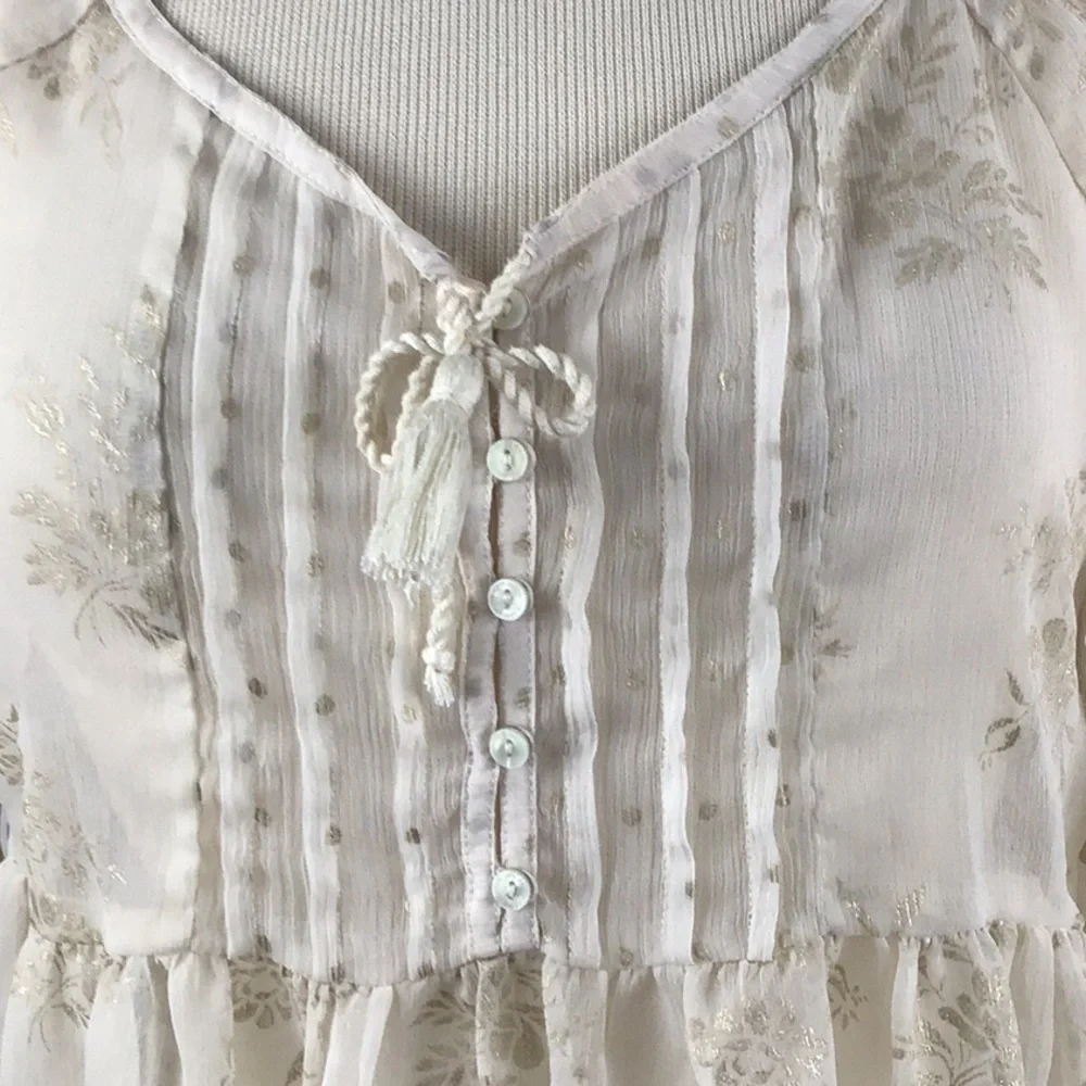 Abercrombie & Fitch boho sheer babydoll puff sleeve gold print blouse sz small.